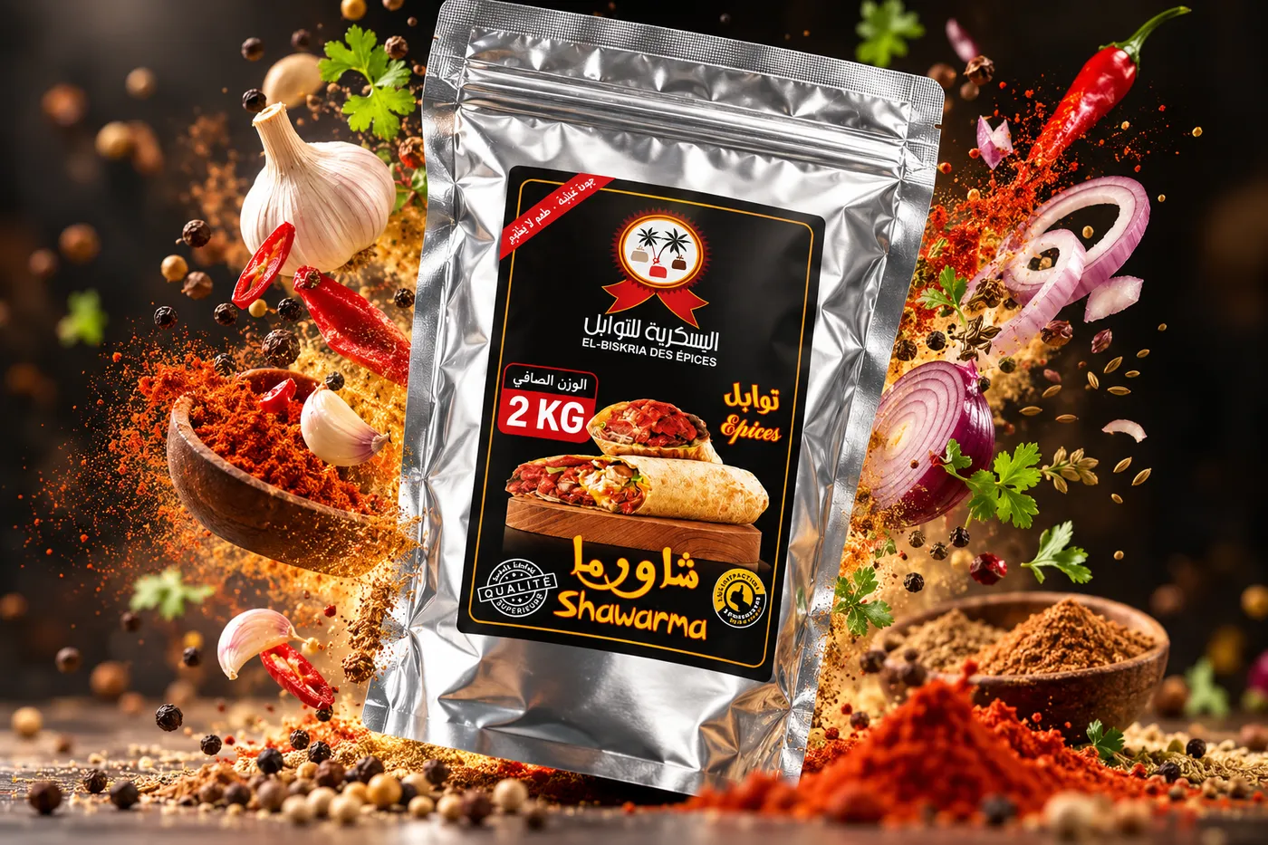 كيس توابل الشاورما من البسكرية للتوابل وزن 2 كلغ وسط توابل وثوم وفلفل