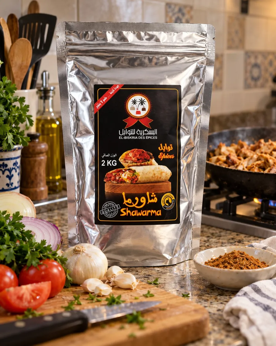كيس توابل الشاورما البسكرية 2 كلغ في مطبخ مع ثوم وطماطم